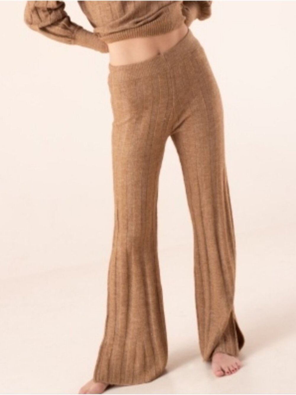 Vero Moda Curve Alanis Rib Knit Wide Flare Leg Pants Tigers Eye Plus Size 2X